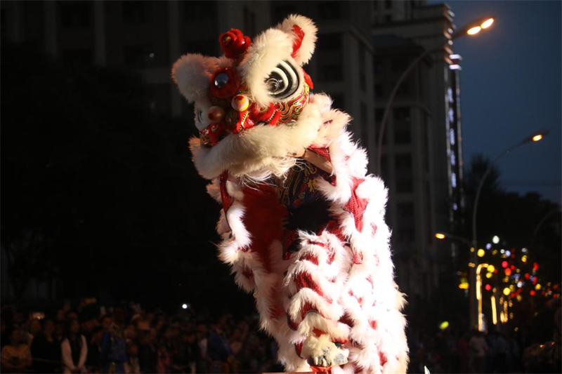 舞獅高高躍起、瀟灑飄逸。李昊攝