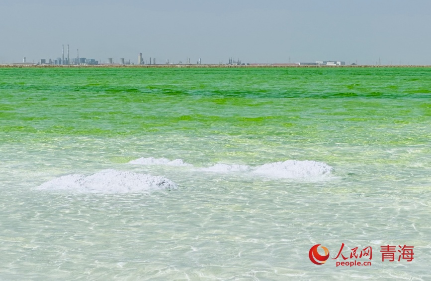 翡翠色的察爾汗鹽湖。人民網(wǎng)記者 甘海瓊攝