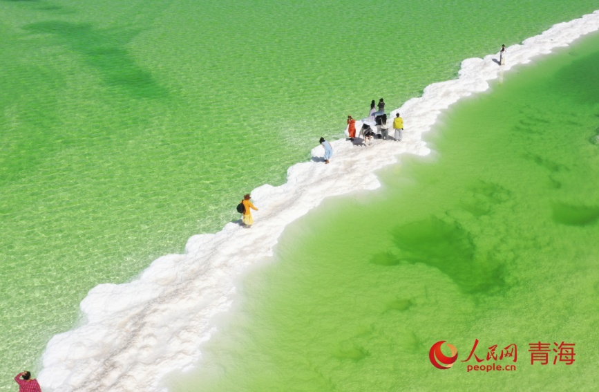 游客在察爾汗鹽湖。人民網(wǎng)記者 張力洋攝