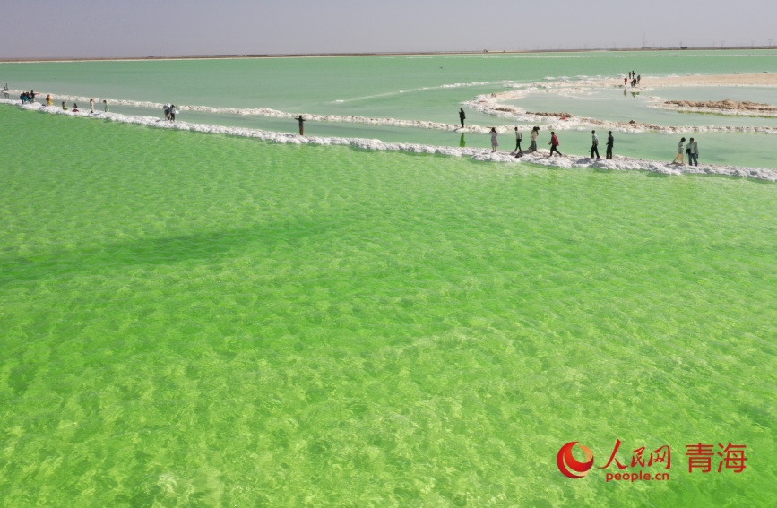 游客在察爾汗鹽湖。人民網(wǎng)記者 張力洋攝